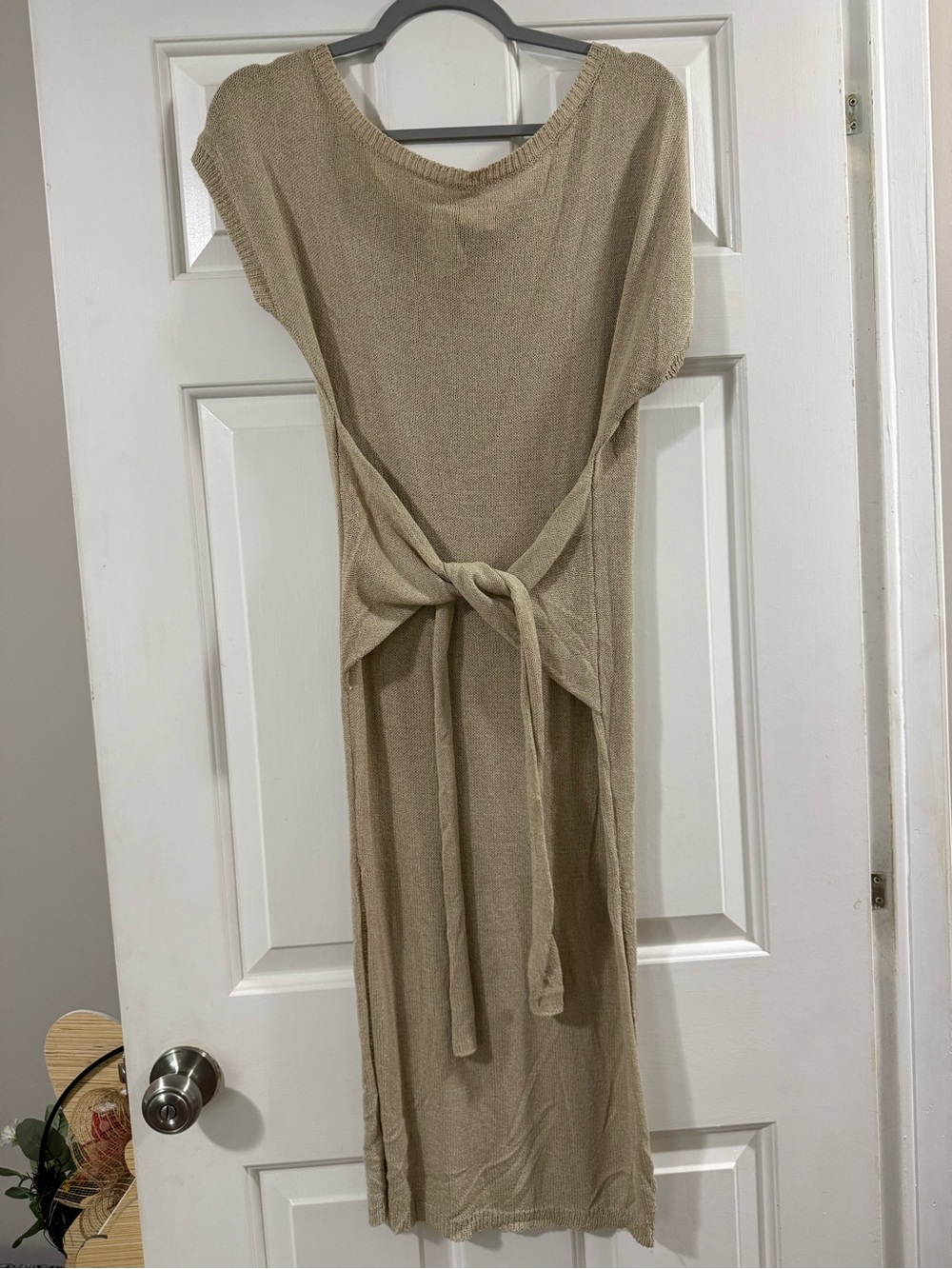 Beige Knit Tie-Waist Midi Dress - Women's